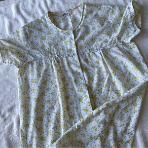 Vtg AMA Floral Button Front House Coat Duster Lace Trim Yellow Cotton Granny USA